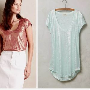 NWOT Anthropologie Bordeaux Mint Shimmery  Linen Tee/Top size S